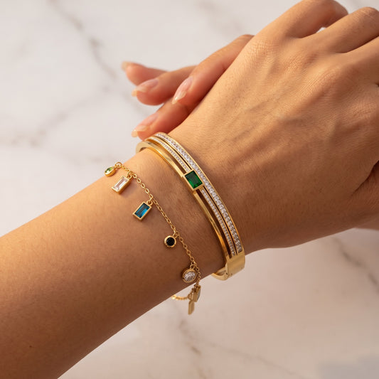 Diamond Line Bangle&Aura Gemstone Bracelet Set | Stainless Steel Haya Jewelers