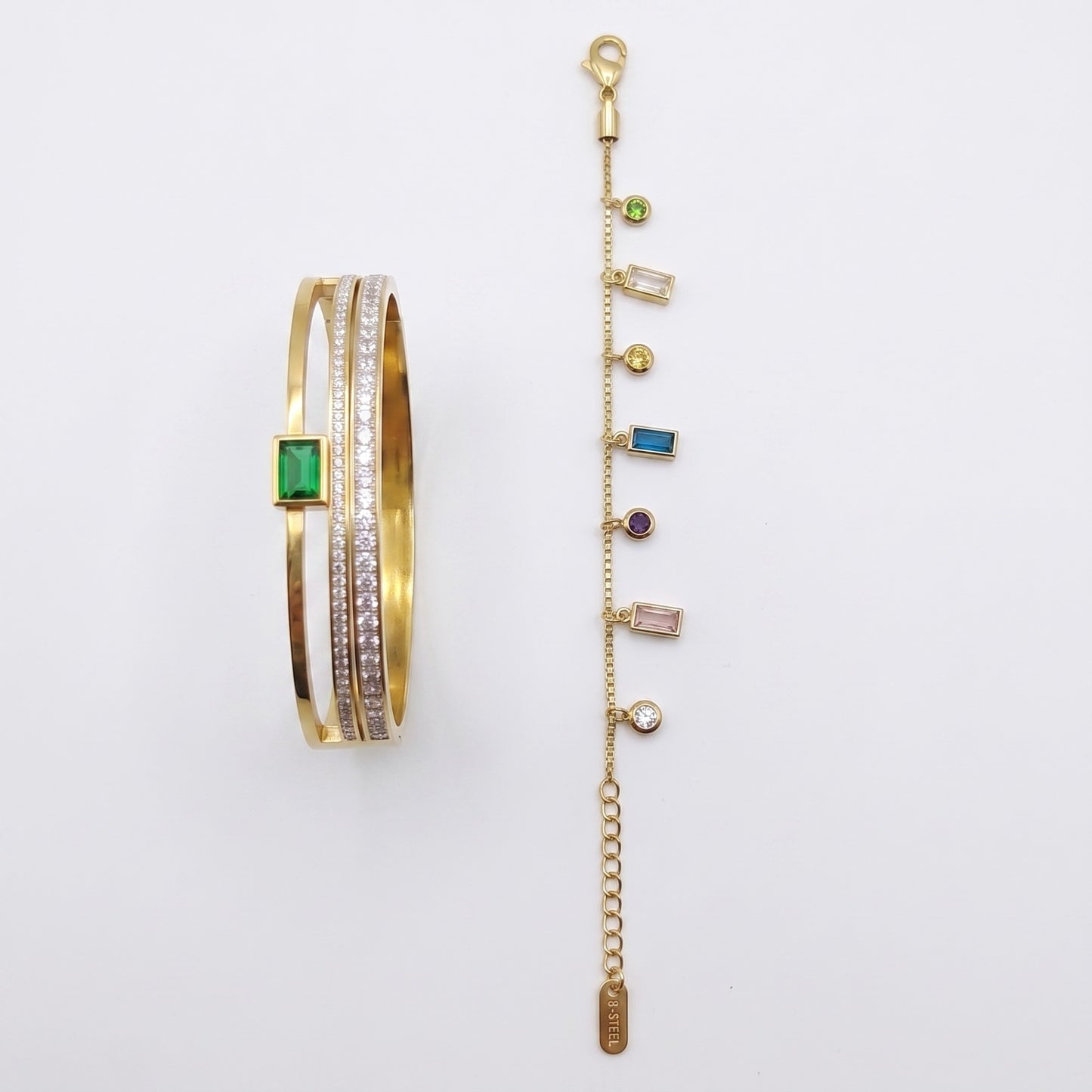 Diamond Line Bangle&Aura Gemstone Bracelet Set | Stainless Steel Haya Jewelers