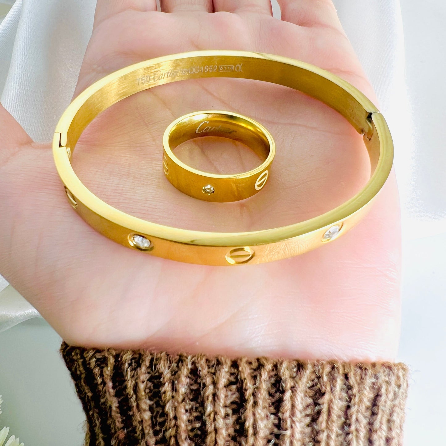 Stainless Steel Diamond Bangle with Ring