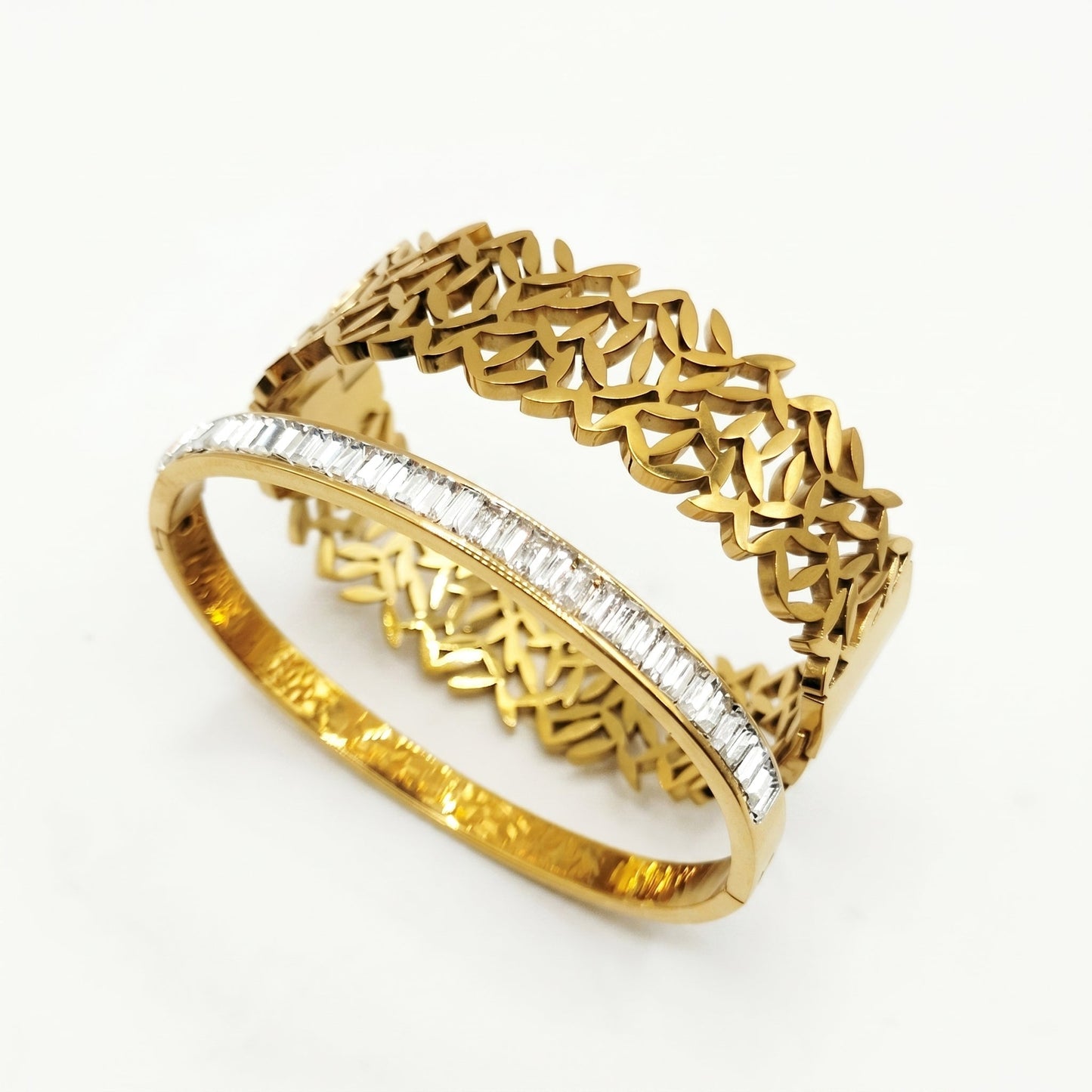 Hollow Leaf & Dimond Bangle | Stainless Steel