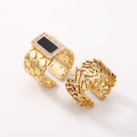 Honeycomb Black Stone Ring & Hollow Leaf Ring Deal