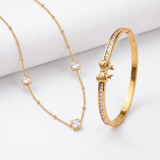 The Stella Square Necklace & Bow Bracelet