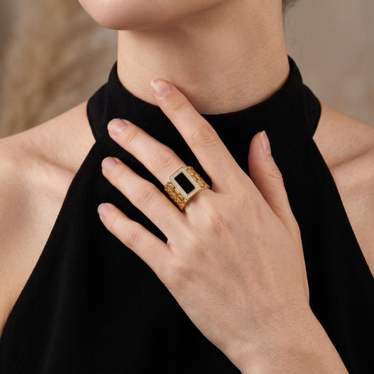 Honeycomb and Onyx Ring-Adjustable