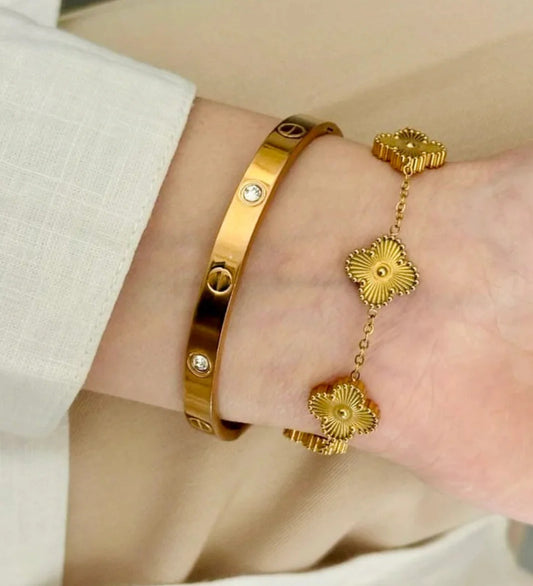 Love Bangle And Golden Clover Bracelet Stack hayajewelers.pk