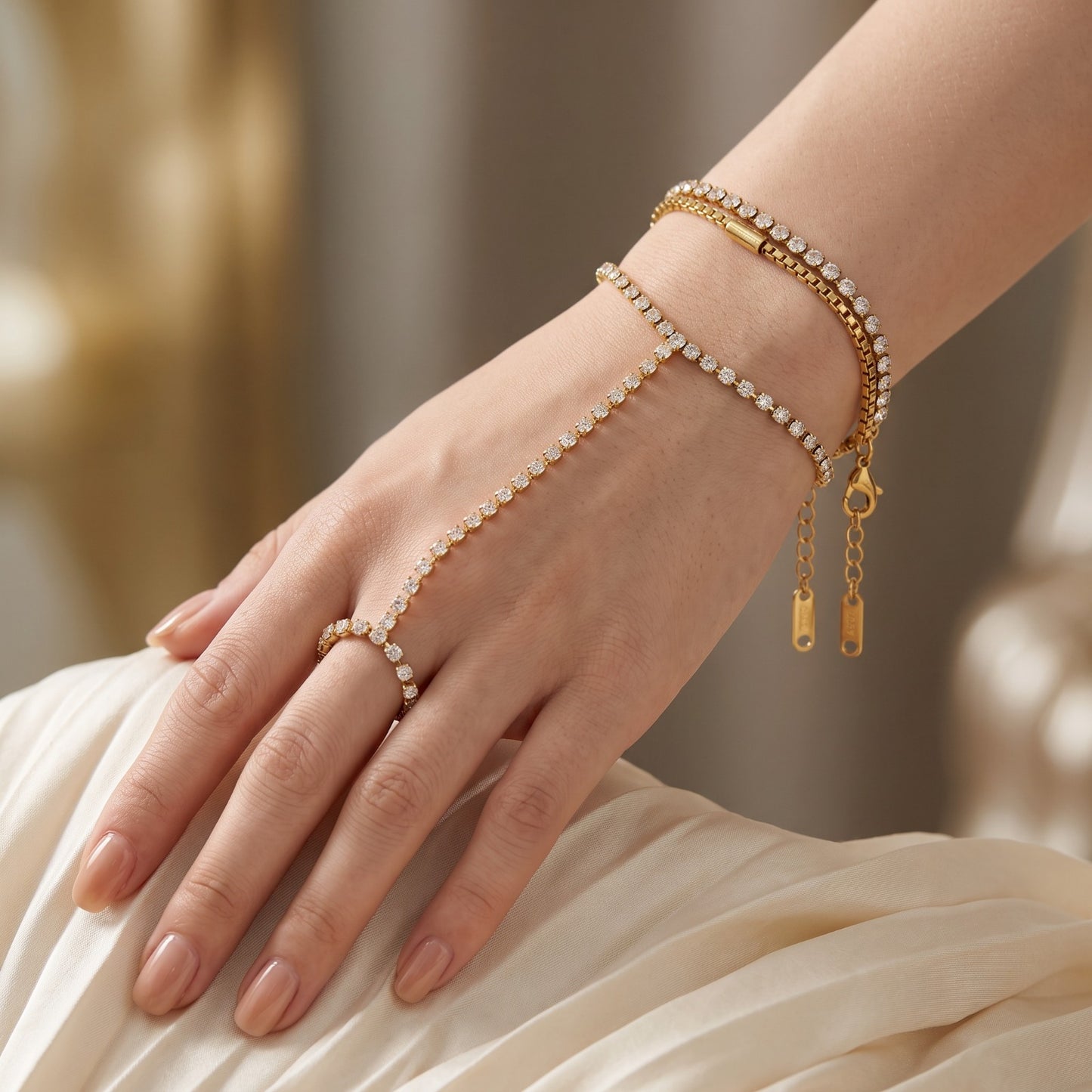 Crystal Tennis Hand Chain  Bracelet Set Haya Jewelers