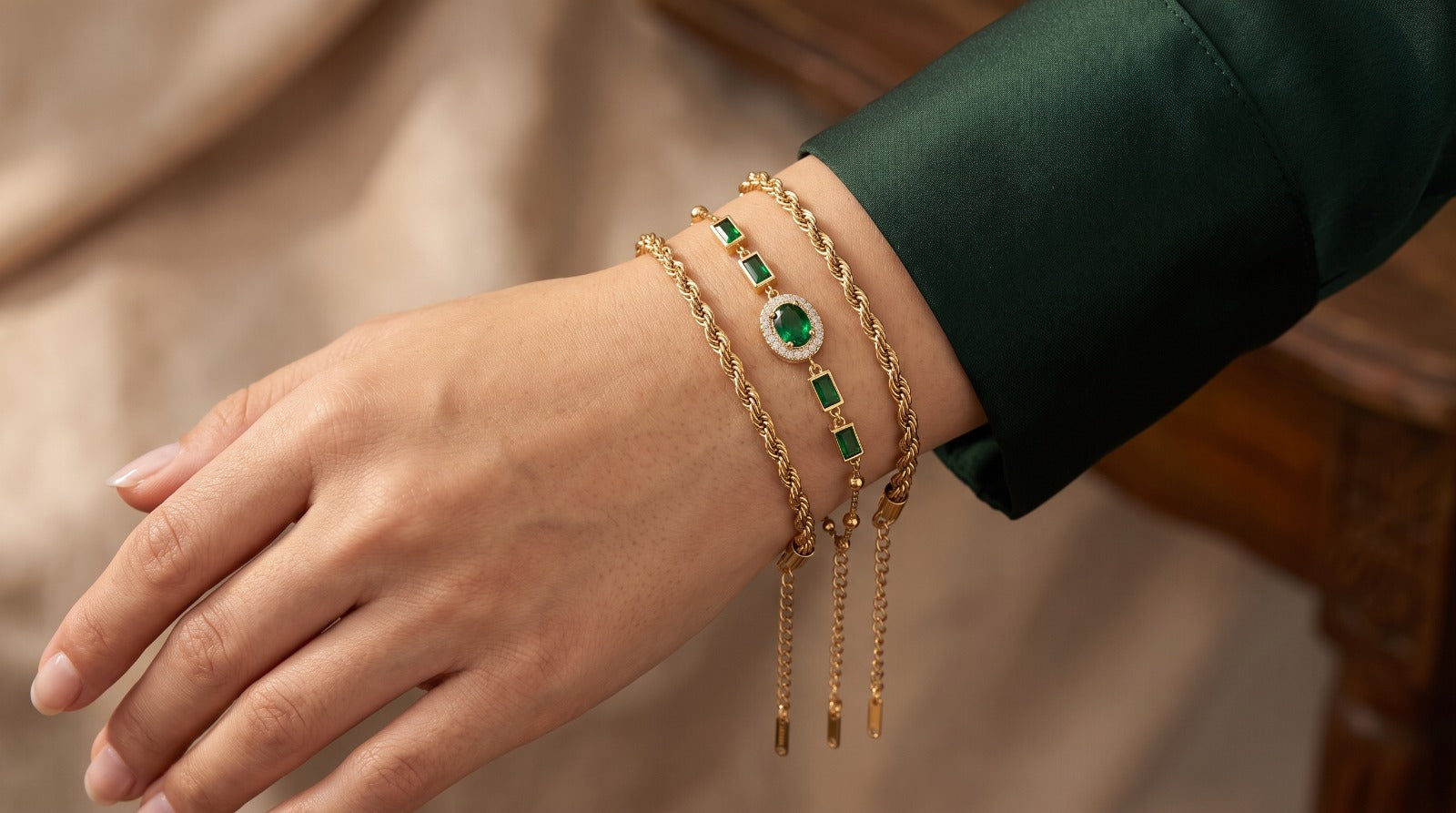 Emerald Elegance 3-Piece Bracelet Set Haya Jewelers