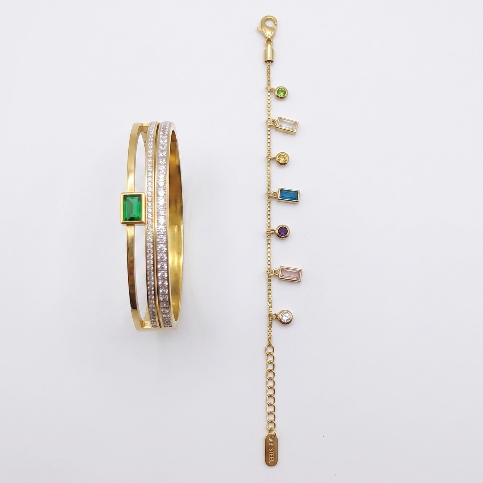 Diamond Line Bangle&Aura Gemstone Bracelet Set | Stainless Steel Haya Jewelers