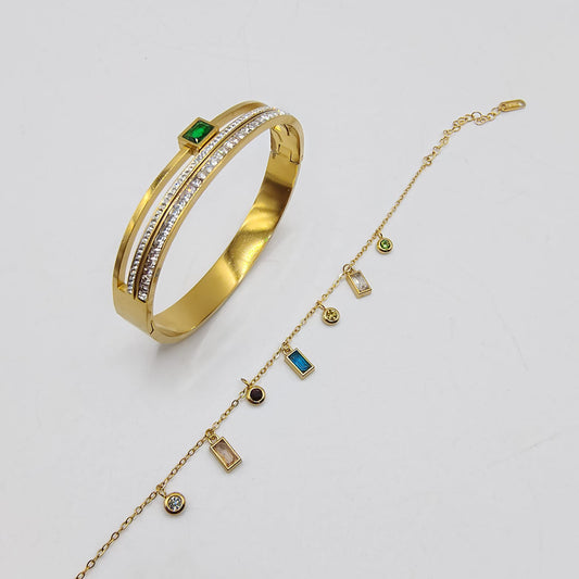 Diamond Line Bangle&Aura Gemstone Bracelet Set | Stainless Steel Haya Jewelers
